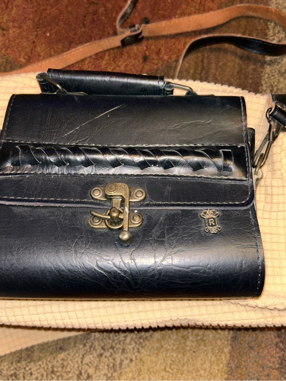 Black Leather Shoulder Bag with Brass Hardware